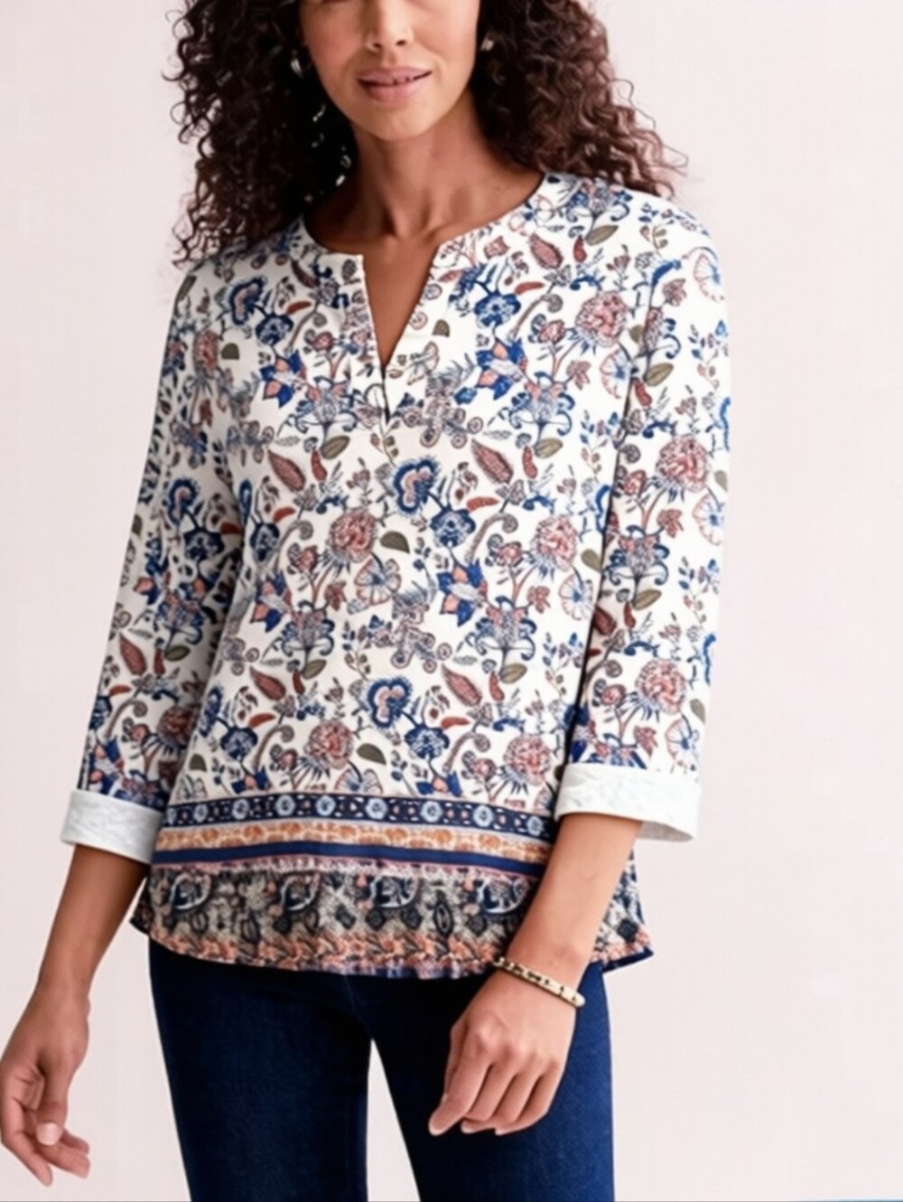 Boho Floral 3/4 Sleeve Top with Blue and Rust Size 1X